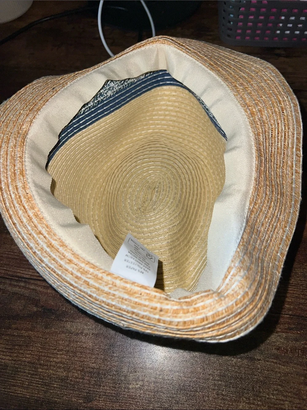 Kids  Beige Straw Hat Blue Striped Band Brown Accent Classic Style